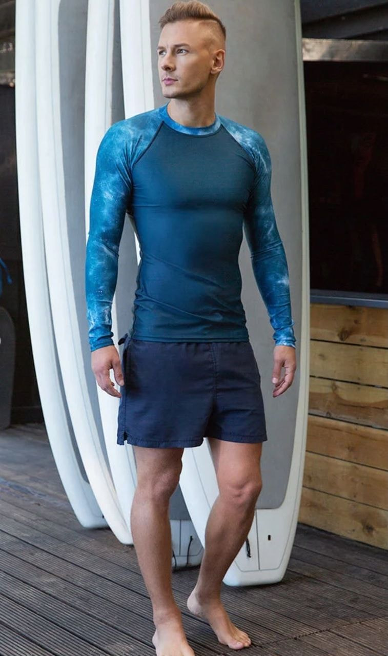 a man in a blue shirt